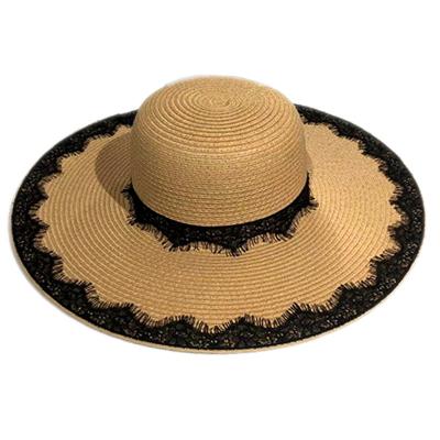 China Eco-friendly 2023 New Summer Seaside Vacation Beach Sunscreen High Quality Women Wide Brim Straw Hat With lace for sale