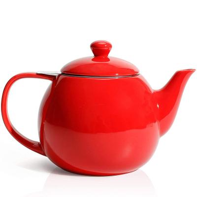 China Sustainable High Quality Glossy Glazed Ceramic Red Teapot with Stainless Steel Strainer for sale