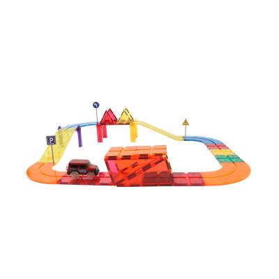 China Construction Toy High Quality Plastic Colorful Kids Building Magnetic Car Racing Track Tiles Toys Including Road Sign for sale