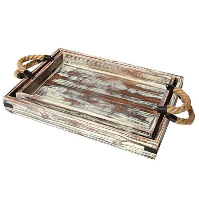 China Eco-Friendly Rustic Wood MyGift 2 Country Coffee Wooden Serving Trays Tray Rope Handles Wooden Serving Trays for sale