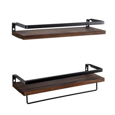 China Stocked Set of 2 Easy Installation Custom Village Style Wall Mounted Stainless Steel Wooden Shelf Storage Floating Wooden Shelves For Sale for sale