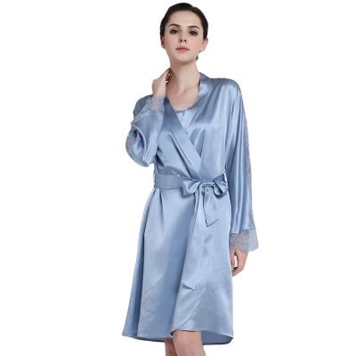 China 2021 breathable new pure silk robe kimono for women with long sleeve lace trimming wholesale for sale