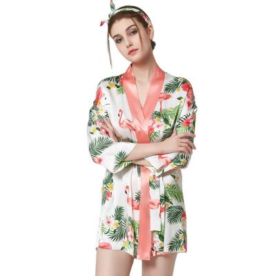 China Breathable Female Attractive Flamingo Printing Kimono Long Robe Short Silk Pajamas With 3 Quarter Sleeve for sale