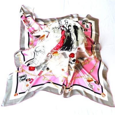 China 110cm Large Square Silk Scarf Beautiful Satin Women's Printing With Hand Roll For Muslim for sale