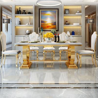 China Luxury(Size)Foshan dining table furniture adjustable gold marble metal restaurant set dining table with 6 chairs for sale for sale