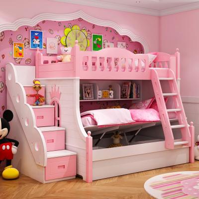 China Modern Hot Selling Pink Kids Girls Bedroom Furniture Wooden Girls Furniture Pink Bunk Bed With Storage Kids Bunk Bed for sale