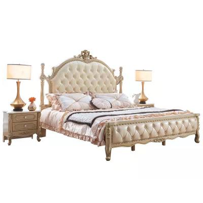 China Removable Cover Royal European Style Wood Carved Beds Gold Genuine Leather Beds for sale