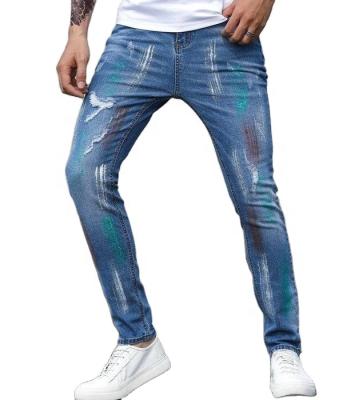 China New Breathable Fashionable Blue Washed Stretched Zipper Fly Denim Long Pants Slim Fit Men's Ripped Jeans Painted for sale