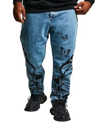 China Customized Breathable Customized Skull Butterfly Printed Vintage Wash Plus Size Slim Fit Jeans Pants For Men for sale