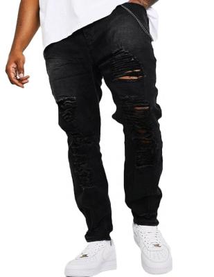 China 2021 new style breathable skinny black distressed stretch plus size ripped zipper fly denim long jeans for men for sale