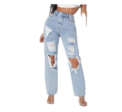 China Breathable Newcomers Fashion Skinny Light Blue Denim Pants Ripped Distressed Women Jeans for sale