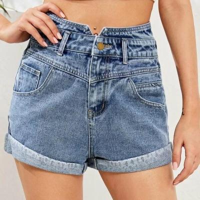 China Color Fade Proof New Arrival OEM Blue Wash High Waist Folding Edge Lady Denim Leg Pants Women Jeans Shorts 2021 Off for sale