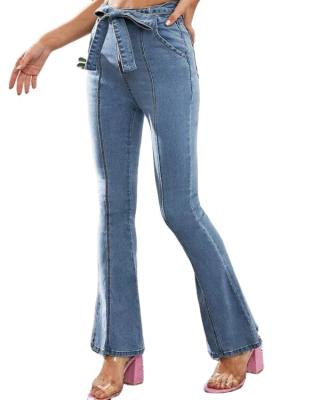 China Light Blue Fade Proof Custom Fit Pants Color Slim Denim Lady Long Waisted Stretched Rocket Jeans Women With Belt for sale