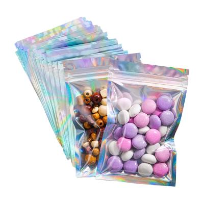 China Recycled Materials custom holographic ziplcok bag mini reusable foil mylar bags clear front edible packaging for food for sale