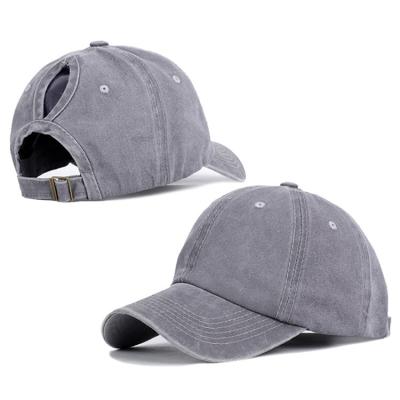 China JOINT Wholesale High Quality Plain Baseball Cap Distressed Cotton 6 Panel Dad Hat Ponytail Hole Washed Hats Caps for sale