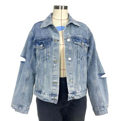 China 2021 QUICK DRY spring and autumn fashion plus size casual ripped blue ladies jeans jacket for woman for sale