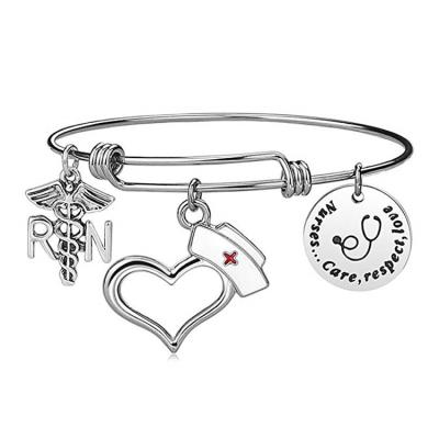 China Stainless Steel CLASSIC Wholesale Jewelry Adjustable Bracelets Customized Logo Nurse Charm Wired Bracelet for sale