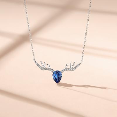 China FASHIONED Deer S925 Sterling Silver Elk Embellished Blue Crystal Eternal Love Christmas Necklace for sale