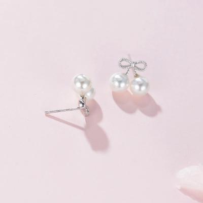 China Wholesale 925 Sterling Silver Cute Sweet Bowknot Pearl Stud Earrings For Women 2019 for sale