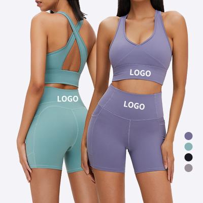 China RTS Breathable Breathable Shockproof Upper Cross Back Sports Bra Suit Women Gym Fitness High Impact Yoga Sets for sale