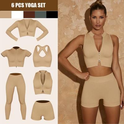 China RTS 6PC Breathable Seamless Yoga Set 2pcs Women Fitness Gym Suit Equipment Workout Clothes For Women Crop Top Shirt Shorts for sale