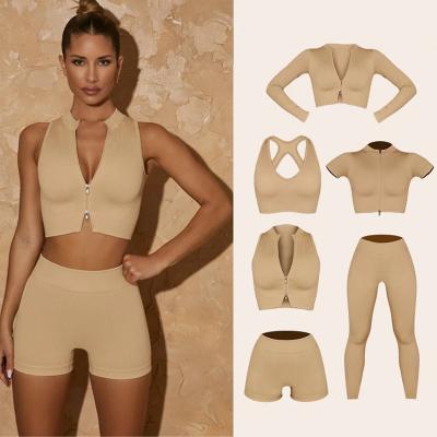 China 2022 6PCS Breathable Fitness Ribbed Yoga Set Seamless Zippert Women Fitness Sportswear Gym Clothing Sports Suit for sale