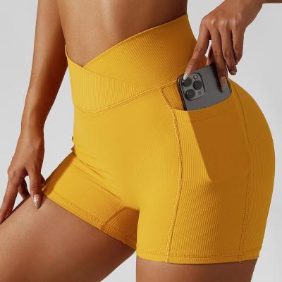 China New Breathable RTS Women's High Waist Yoga Shorts Sporty Ribbed Quick Dry Gym Biker Shorts With Pockets for sale