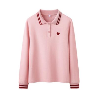 China Anti-wrinkle Pink Color Collar Fashionable Polo Shirts Casual Slim Cotton Female Polo Red Heart Embroidered Turndown Longsleeve Women for sale