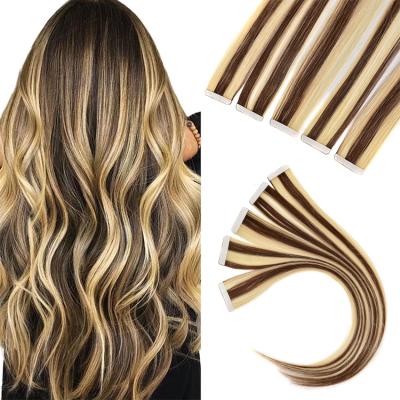 China Silky Straight Wave 10A Grade Flat Wefted Invisible Highlight Hair Double Sided Raw Indian Tape In Extensions Virgin Hair for sale