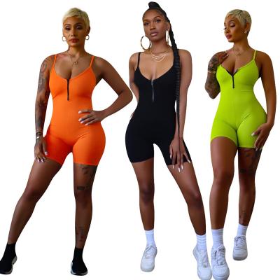 China QUICK DRY ladies zippers shorts halter jumpsuit 2021 summer hot sale tracksuit rompers ribbed shorts jumpsuit for sale