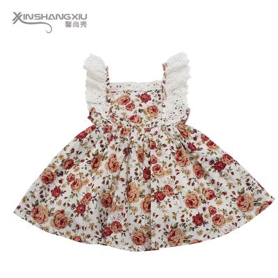 China Breathable Hot Selling Europe Style Ruffle Lace Sleeve Cotton Baby Floral Dress With Back Straps for sale