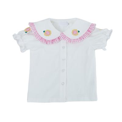 China Breathable Kids Clothing Peter Pan Collar Front Buttons Short Sleeve Sunflower Embroidered Babies T-Shirt for sale