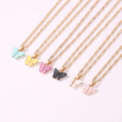 China CLASSIC Hot Selling Sweet Exquisite Gold Plated Girls Jewelry Sets Colorful Acrylic Butterfly Necklace Pendant Earrings Set for sale