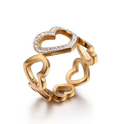 China Hotsale Design Lead Free Nickel Free Stainless Steel Gold Plated Heart Finger Ring Hollow Cubic Zircon Ring for sale