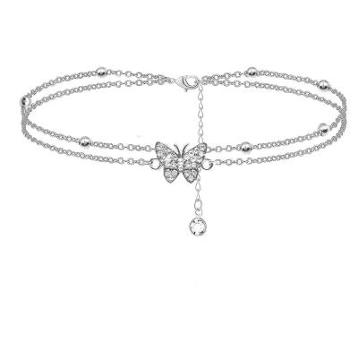 China 14K 2 Foot Chain Stainless Steel Butterfly Bracelet Nickel Free Lead Free Silver Adjustable Layered Anklets for sale