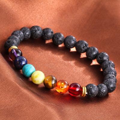 China TRENDY 8mm Lava Rock 7 Chakras Aromatherapy Essential Oil Diffuser Bracelet Braided Rope Yoga Beads Natural Stone Bracelet for sale