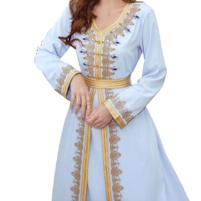 China 2022 Handmade Quilted Strap Diamonds Long Sleeve Dress New Arrival Abaya Women Fashion Indonesia Dress Muslim Abaya Women Muslim Dress For Sale for sale