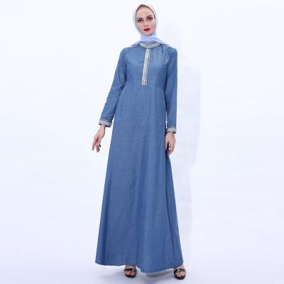 China Muslim women's long denim dress lace up slim abaya 2022 blue design muslim dress long sleeve dress newcomer prayer dress cotton muslim denim abaya for women for sale