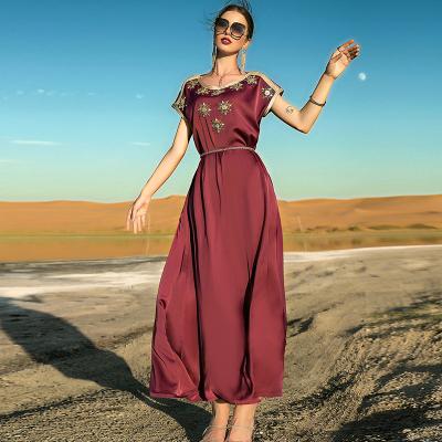 China Sustainable Hand Sewn Dress Dubai Turkey Hijab Belt Diamond Short Sleeve Vintage Burgundy Walnut Maxi Dress Arab Muslim Islam Clothing for sale