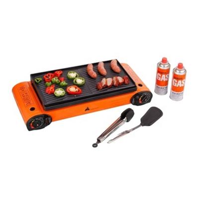 China Easily Cleaned Portable 2 Burner Dual Burner Butane Camping Gas Stove Set With Plastic Case And BBQ Tools for sale