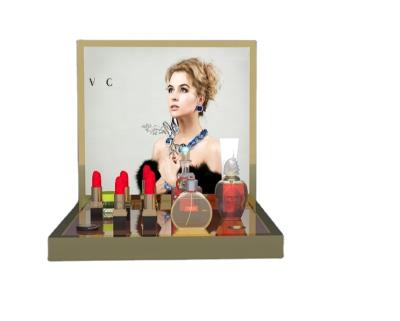 China luxury makeup display stand counter top golden color lipsticks display tray acrylic perfume display stand with poster for sale