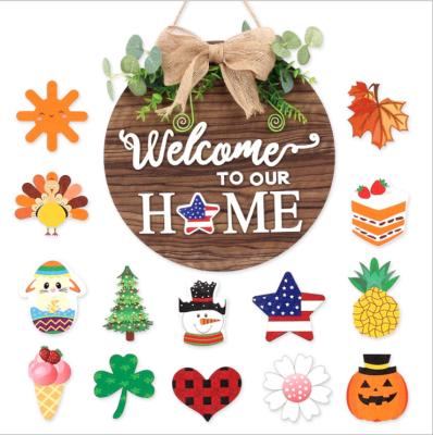 China Eco-Friendly Welcome Sign For Front Door Wooden Decoration Door Sign Welcome Sign Interchangeable Home Decoration Antique Crafts For Front Do for sale