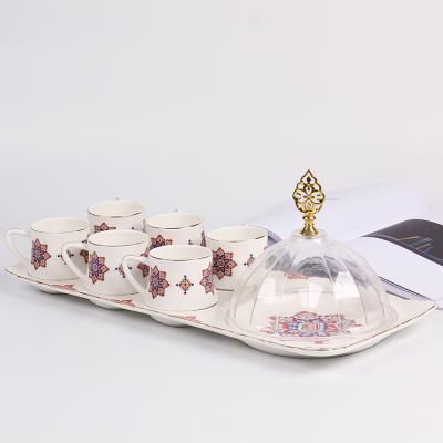 China Viable Luxury White Flower Pattern Travel Coffee Tea Set Home Porcelain Ceramic Mugs for sale