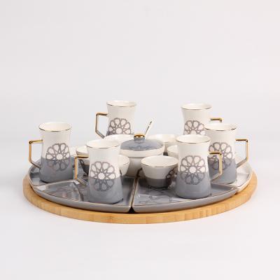 China 22pcs Porcelain White Gray Pot Viable Spoon Ceramic Coffee Cawa Cup Saucers Set With Woodentray for sale