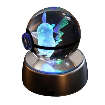 China USA Hot Selling Customized 3D Laser Engraving Crystal Pokemon Ball With Light Base For Christmas Surprise Gifts for sale