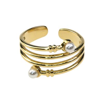 China Fashion Elegant and Simple 18k Gold Plated Design Ring Female Jewelry Women Stainless Steel Pearl Spiral Jewelry for sale