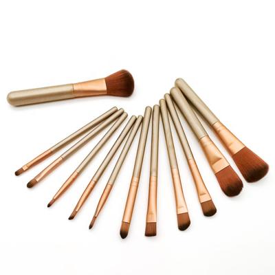 China Silky Soft Private Custom Wholesale 12 Sets Gold Aluminum Handle Makeup Eyebrow, Nose, Lip Brush Set for sale