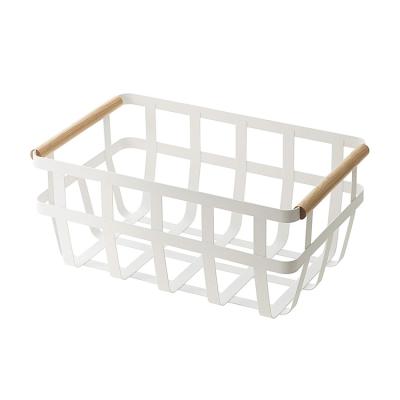 China Sustainable White Japanese Style Household Organizer Metal Mesh Storage Basket With Wooden Handle for sale