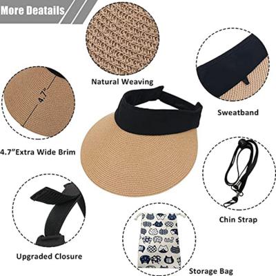 China Packale Women Straw Sun Visor Hat Wide Brim Summer UV Protection Sunable Beach Hat Foldable Korean Style for sale