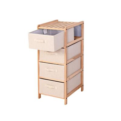 China Hot Selling Durable 4 Tier Multifunctional Good Quality Corner Fir Storage Shelf Wooden Rack With Cloth Drawers for sale